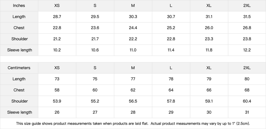 Sad Times Tee size guide for XS through 2XL, showing flat garment length, chest width, shoulder width and sleeve length in inches and centimeters.