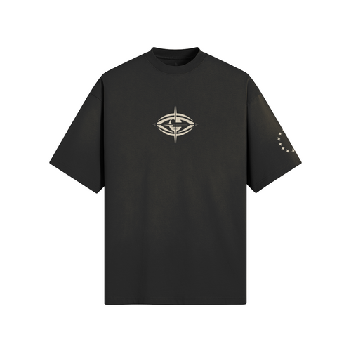 2A Texas Tee in Black, front view with THE EYES chest logo and sleeve graphics