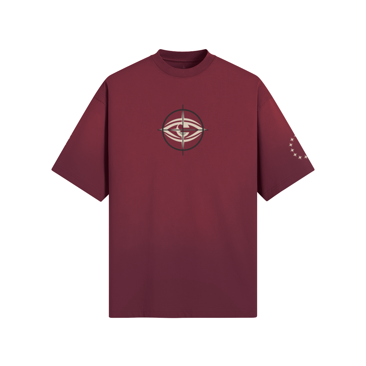 2A Texas Tee in Burgundy, front view with THE EYES chest logo and sleeve graphics