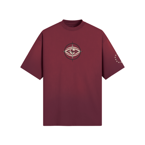 2A Texas Tee in Burgundy, front view with THE EYES chest logo and sleeve graphics
