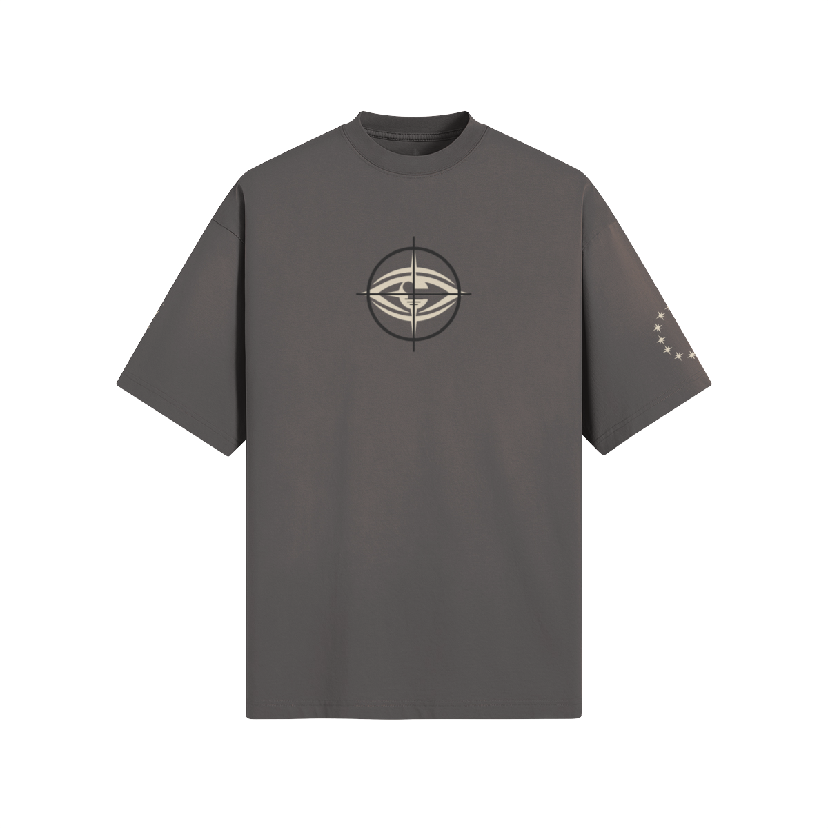 2A Texas Tee in Smoky Gray, front view with THE EYES chest logo and sleeve graphics