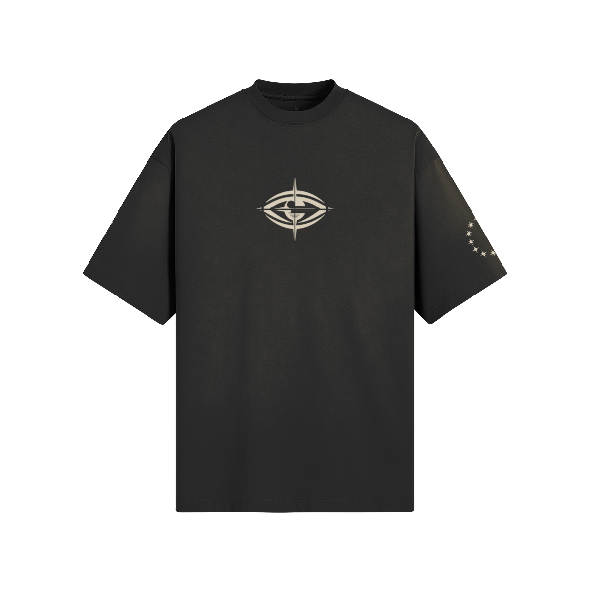 2A Texas Tee in Black, front view with THE EYES chest logo and sleeve graphics