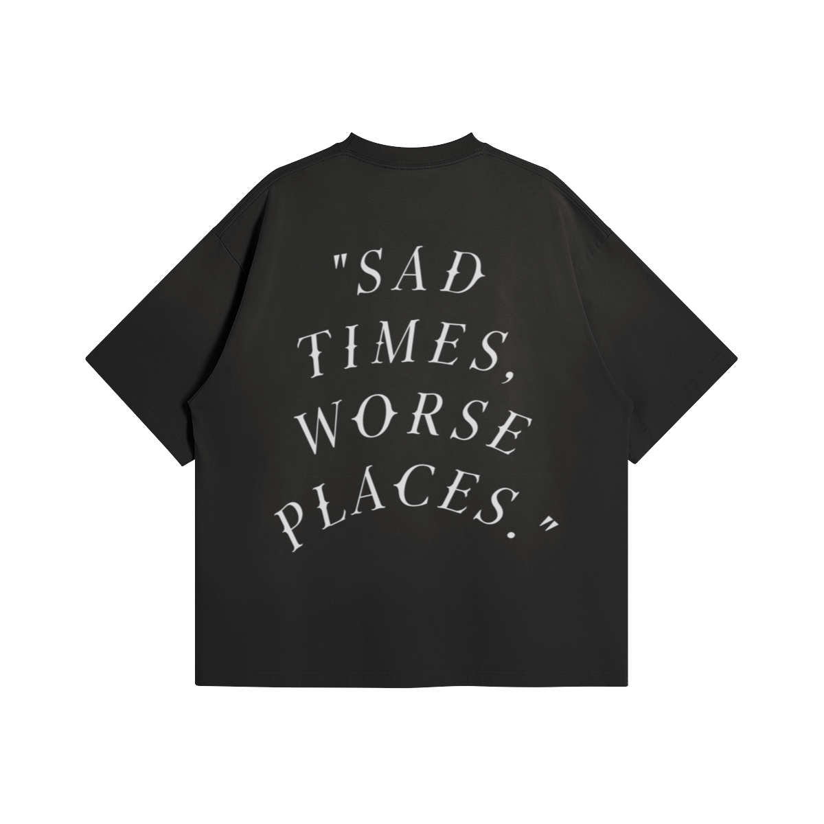 Back of the Sad Times Tee in washed black with oversized Sad Times, Worse Places lettering.