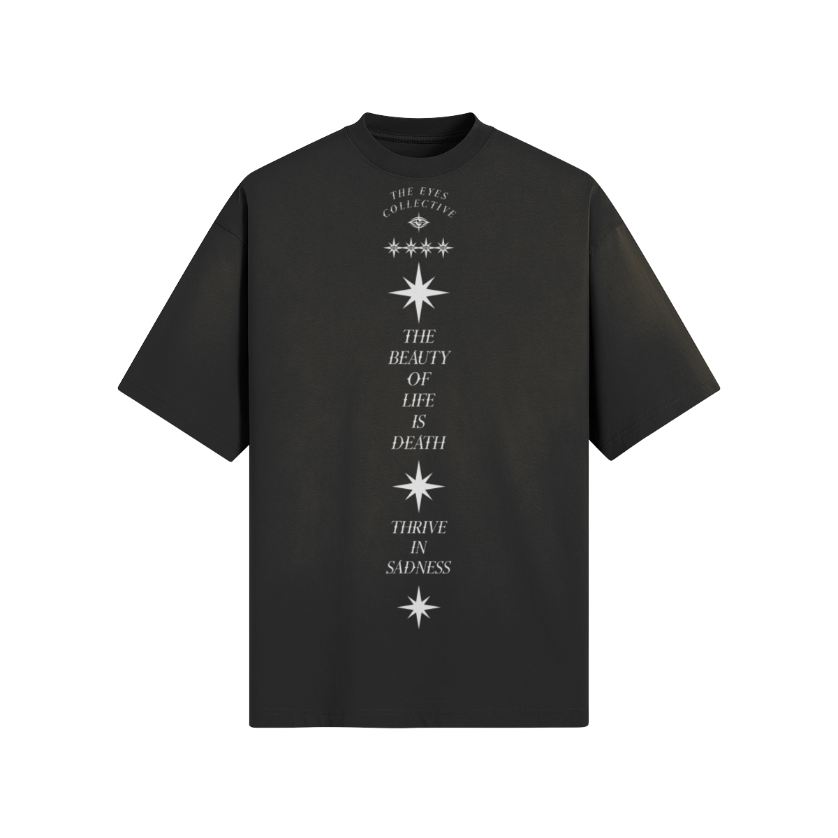Alternate front view of the Sad Times Tee showing THE EYES COLLECTIVE mark, star motifs, dropped shoulders and washed black finish.